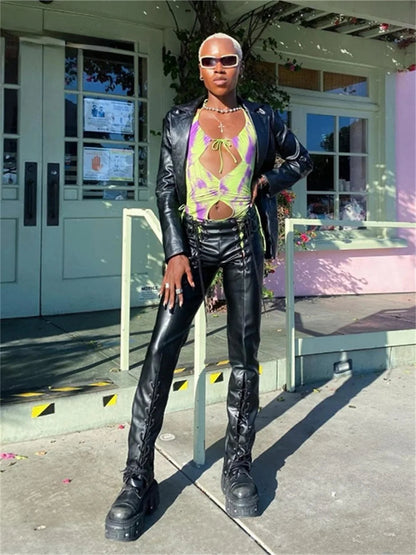 Punk Y2k Bandage Faux Leather Cyber Grunge Fairycore Patchwork Slim Pants