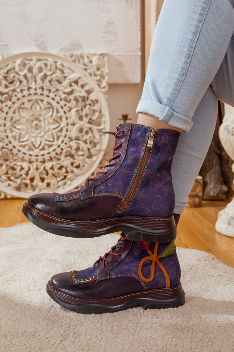 Soffia | Galaxy Leaf Applique Leather Canvas Combat Boot