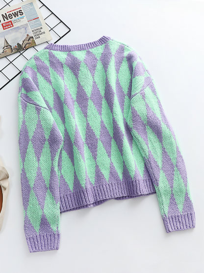 | Felise Chess Patterned Knit Cardigan - Purple