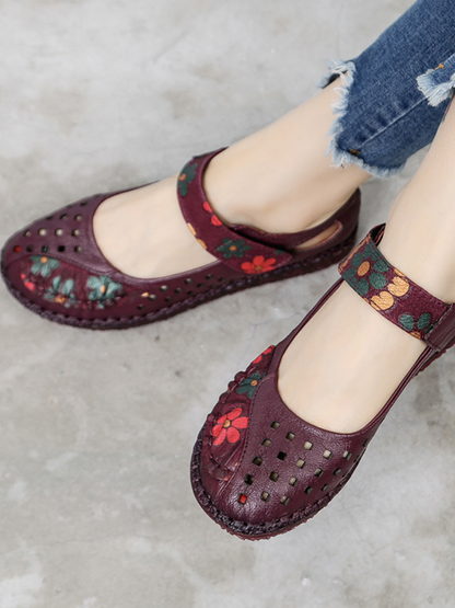 Rumour Has It | Perforated Flower Printed Leather Mary Jane Flats- Purple