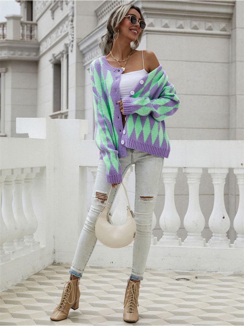 | Felise Chess Patterned Knit Cardigan - Purple