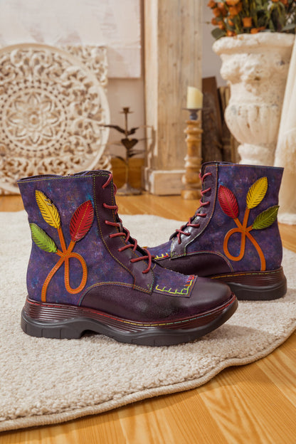 Soffia | Galaxy Leaf Applique Leather Canvas Combat Boot