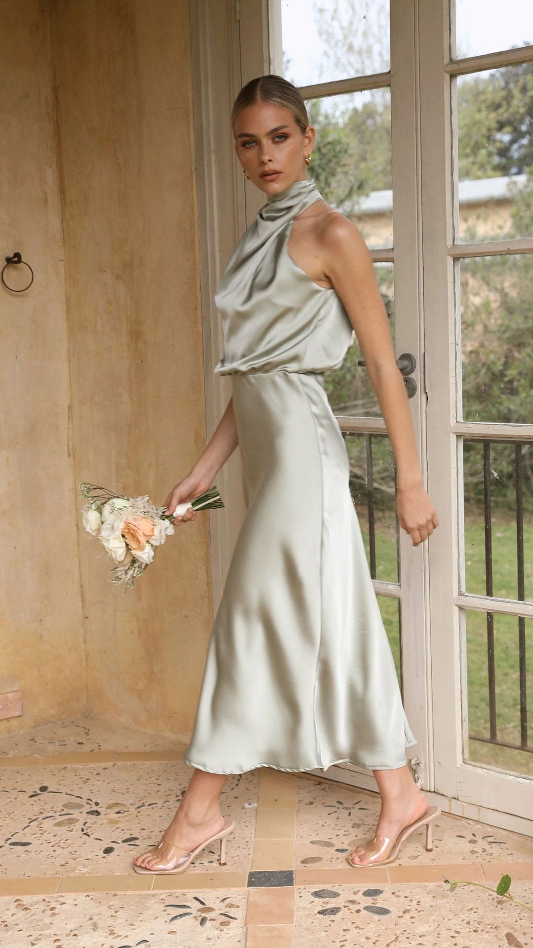 Curve Satin Ruched Halter Neck Maxi Dress in Orchid