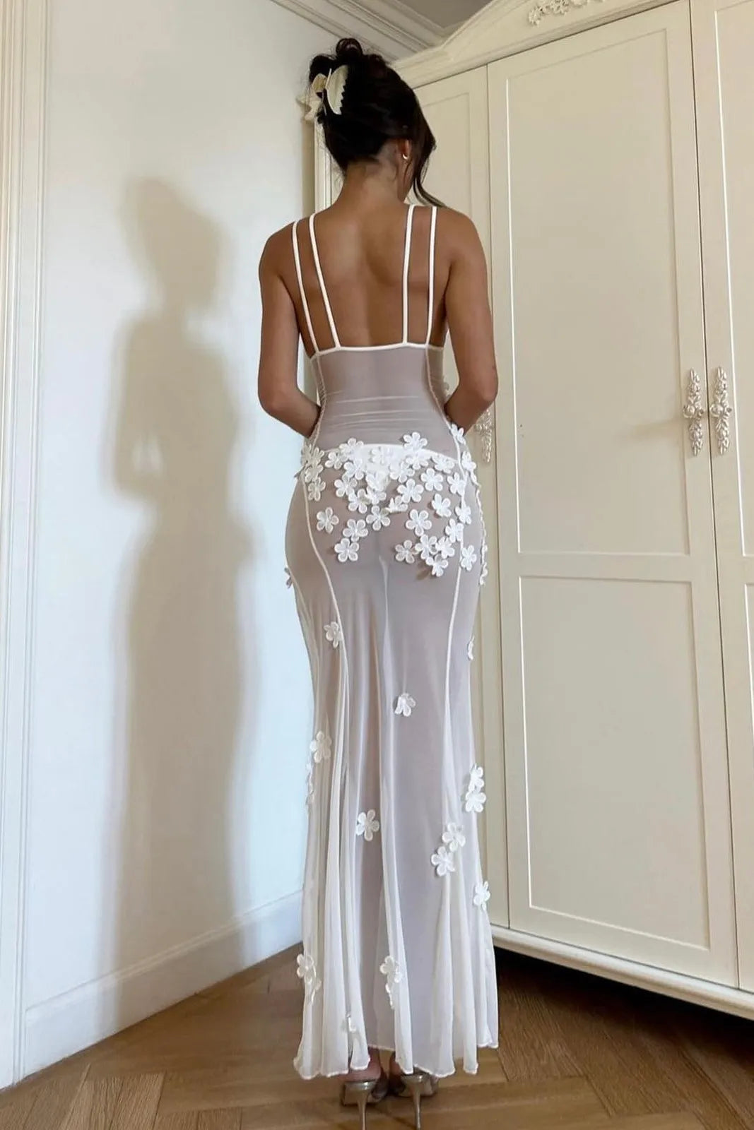 Rada White 3d Flower Sheer Vacation Split Maxi Dress
