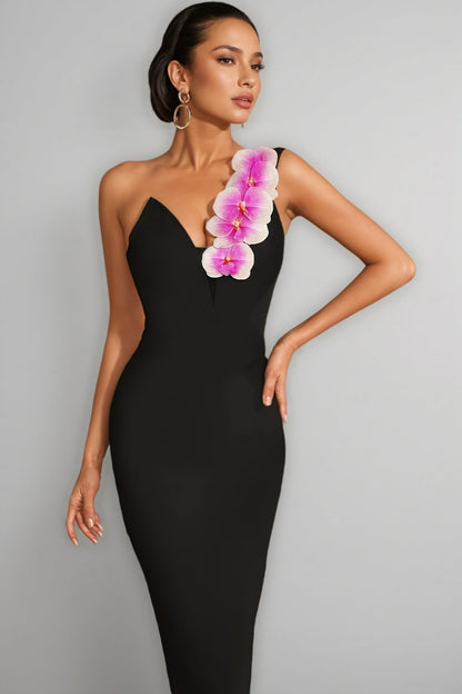 Xaeli One Shoulder Flower Bandage Maxi Dress