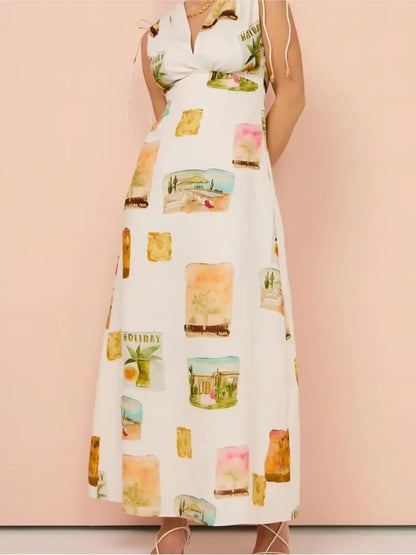 Ramie Colorful Printed Long Dresses for Sleeveless V-neck Y2k Style Dress Temperament A-line Maxi Vestidos