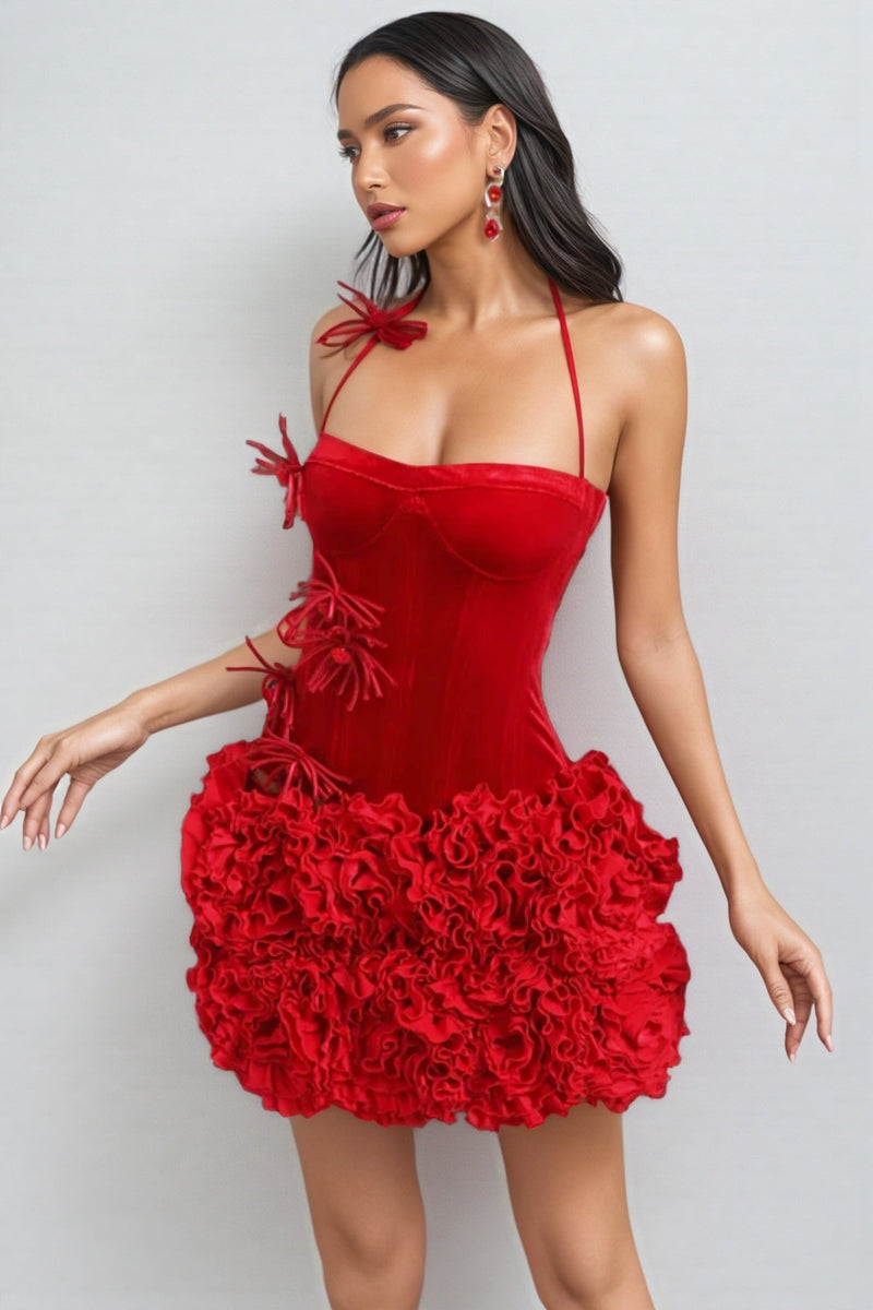 Marina Flower Velvet Ruched Mini Dress
