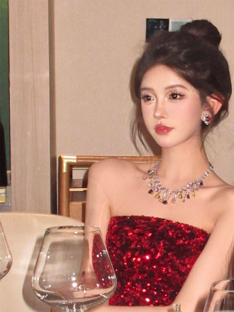 Red Feather Sequin Strapless Dress _ Party Night Mini Dress