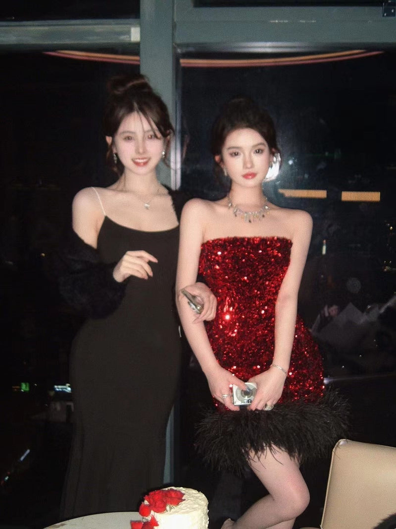 Red Feather Sequin Strapless Dress _ Party Night Mini Dress