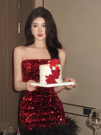 Red Feather Sequin Strapless Dress _ Party Night Mini Dress