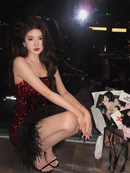 Red Feather Sequin Strapless Dress _ Party Night Mini Dress