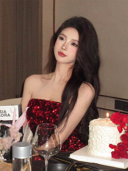 Red Feather Sequin Strapless Dress _ Party Night Mini Dress