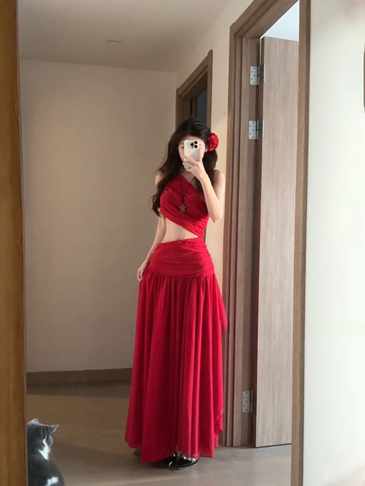 Red Flowy Maxi Dress _ Open-back Chiffon Vacation Dress