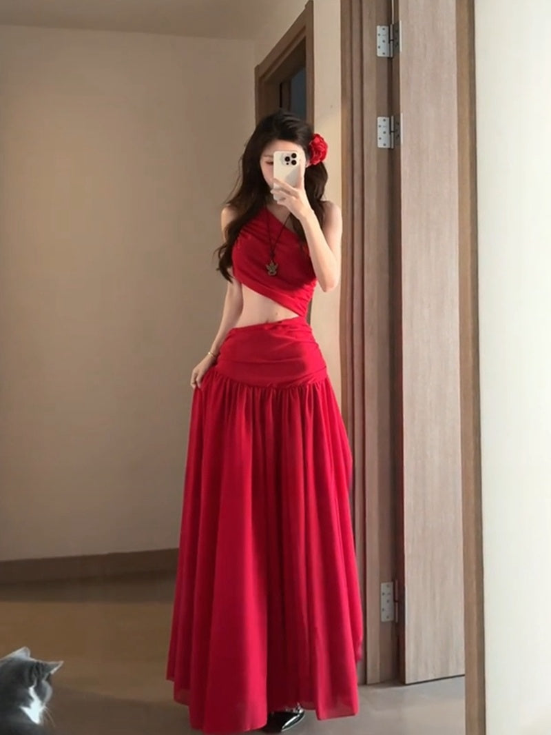 Red Flowy Maxi Dress _ Open-back Chiffon Vacation Dress