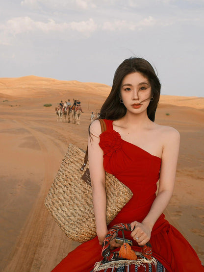 Red One-shoulder Maxi Dress _ Romantic & Bold Desert Look