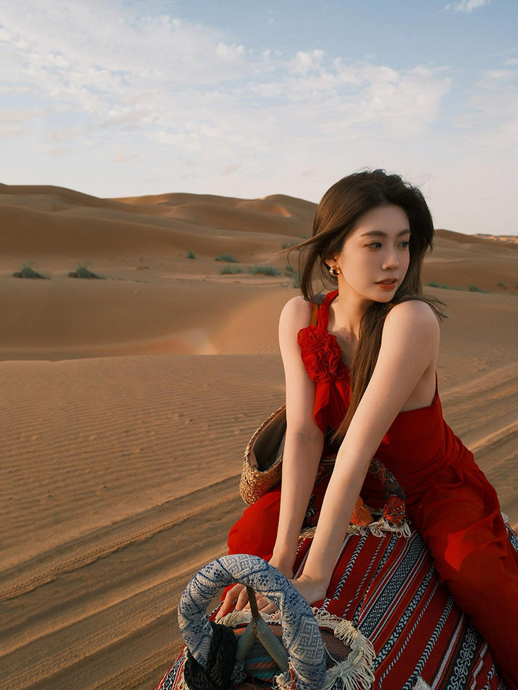 Red One-shoulder Maxi Dress _ Romantic & Bold Desert Look