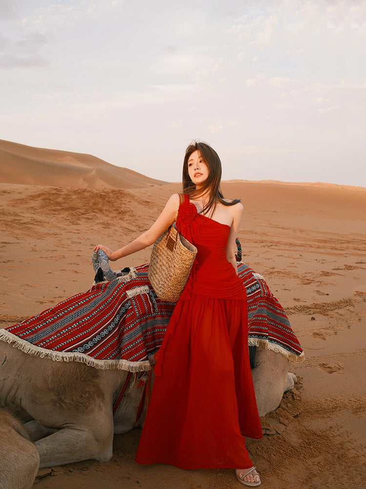 Red One-shoulder Maxi Dress _ Romantic & Bold Desert Look