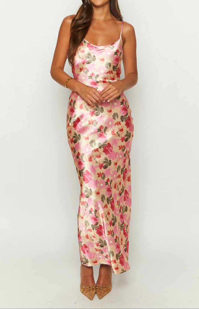 Lilla Yellow Print Satin Maxi Dress