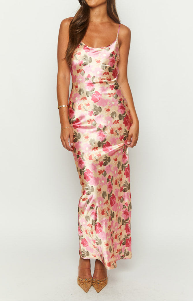 Lilla Yellow Print Satin Maxi Dress