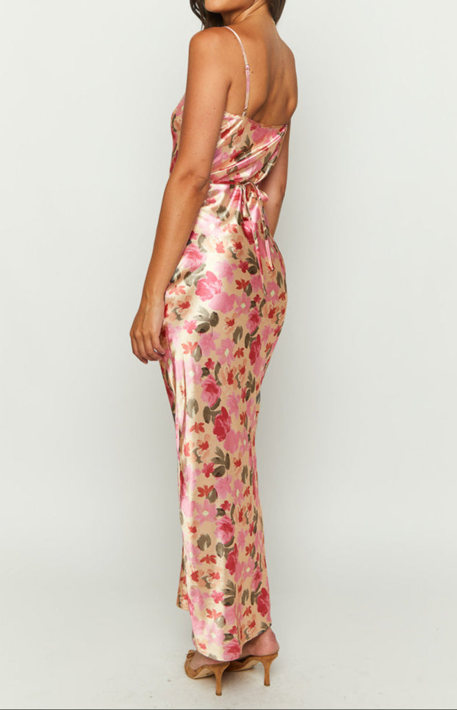 Lilla Yellow Print Satin Maxi Dress