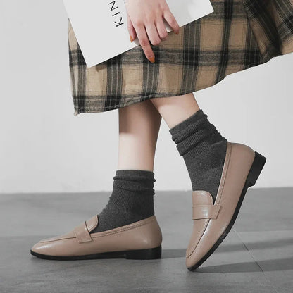 Retro Leather Round Toe Office Work Slip on Flats Loafers