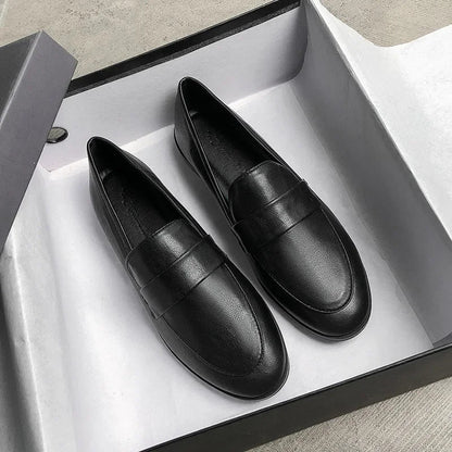 Retro Leather Round Toe Office Work Slip on Flats Loafers