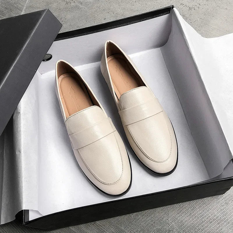 Retro Leather Round Toe Office Work Slip on Flats Loafers
