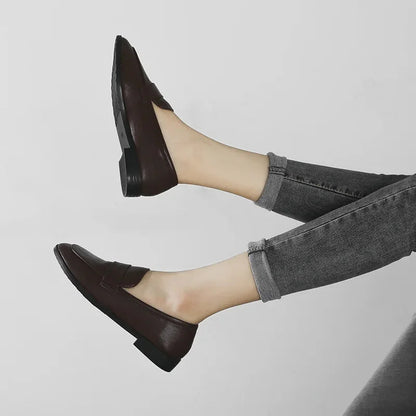 Retro Leather Round Toe Office Work Slip on Flats Loafers