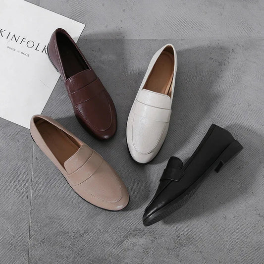 Retro Leather Round Toe Office Work Slip on Flats Loafers