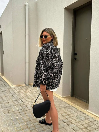 Retro Leopard Print Cotton Autumn O-neck Long Sleeve Zipper Warm Coat