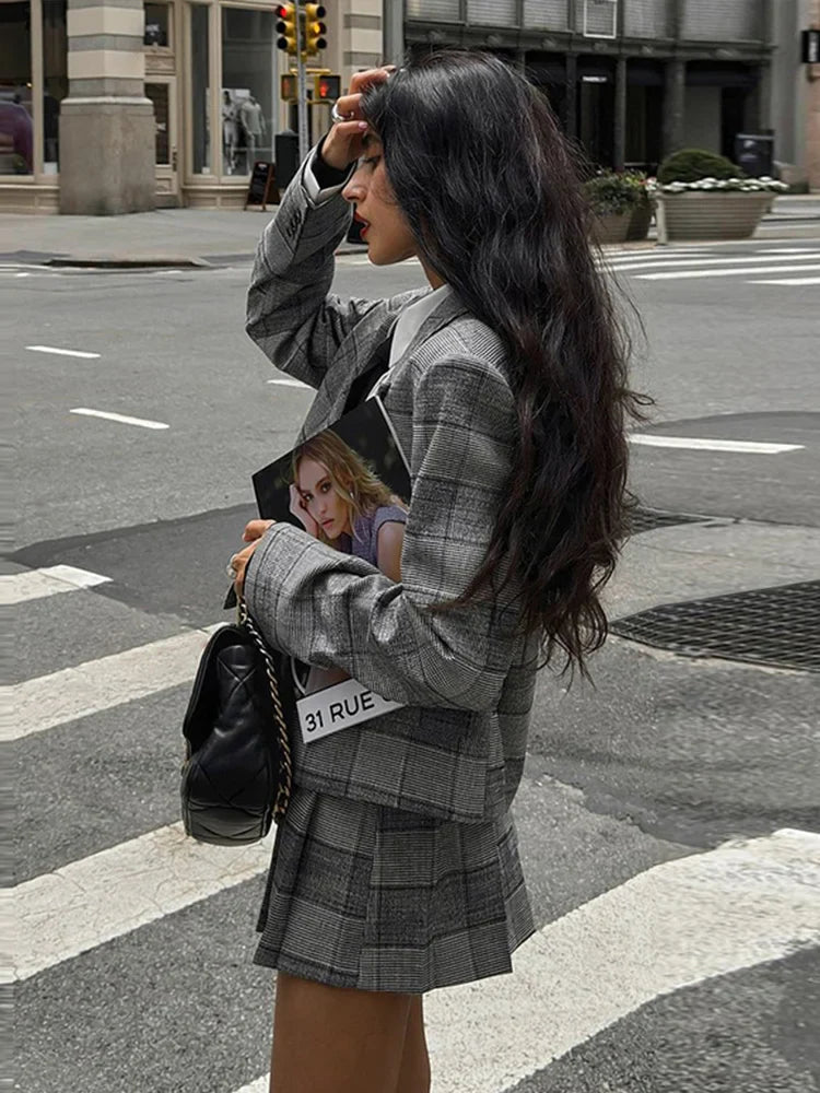Retro Plaid Pleated Lapel Office Two Piece Set