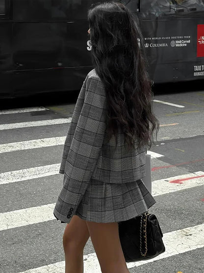 Retro Plaid Pleated Lapel Office Two Piece Set