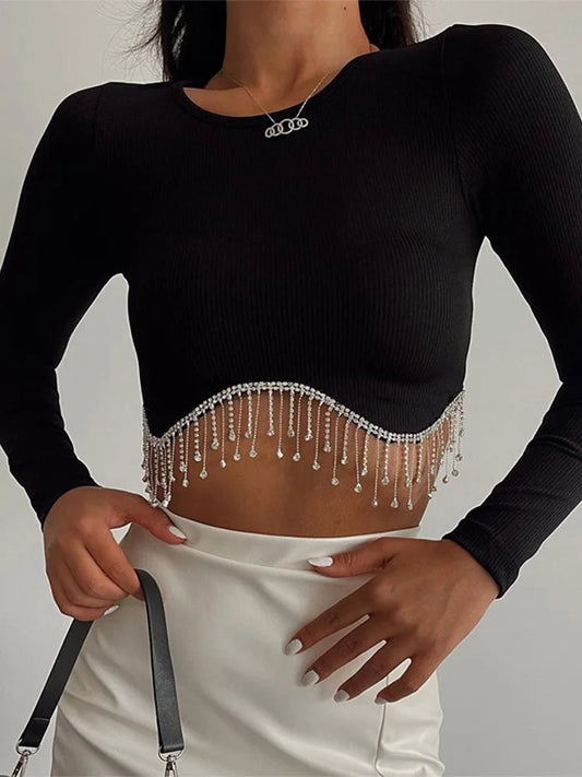 Rhinestone Tassel Cropped Tops Slim Crewneck Autumn Female T-shirts Long Sleeve Top T-shirt