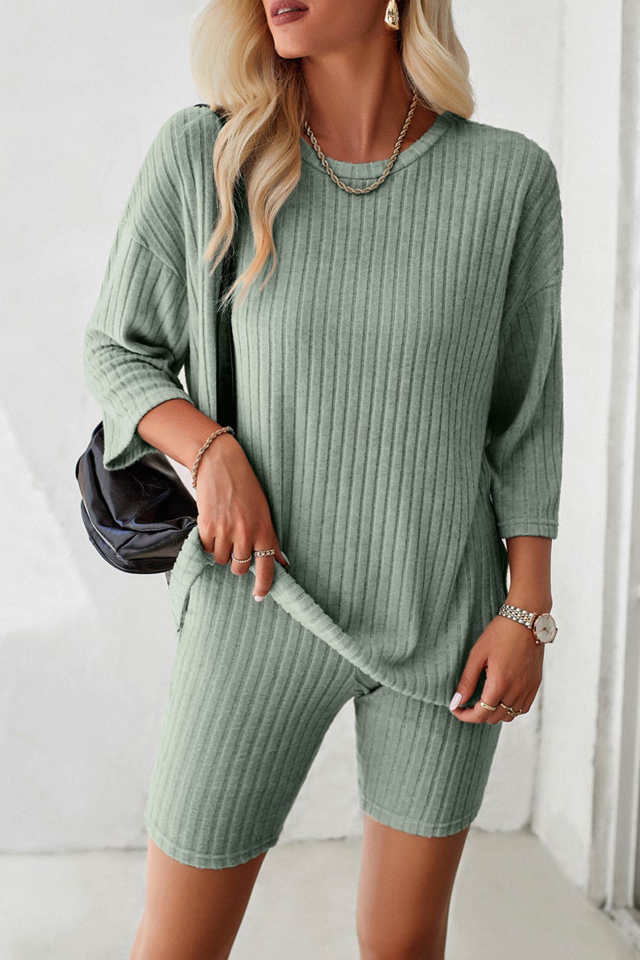Ribbed Knit T-shirt Shorts Suits