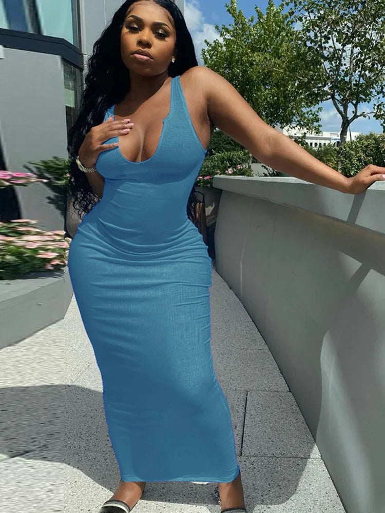 Ribbed Knitted Stripe V Neck Club Summer Midi Dresses
