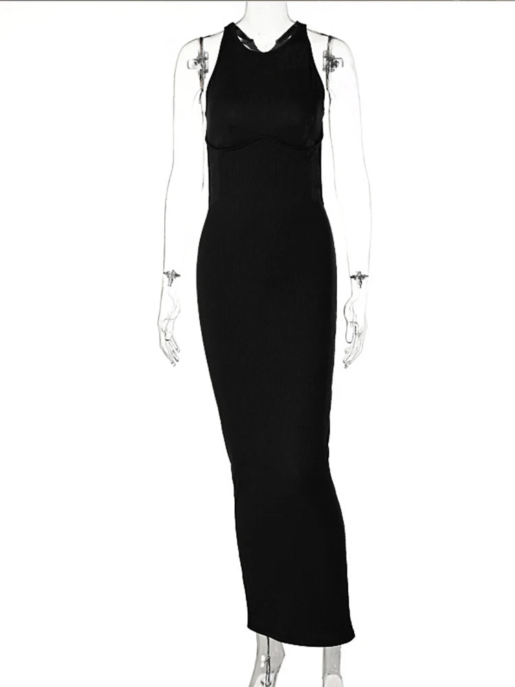 Ribbed Hollow Backless Sleeveless Slit Mini Y2k Midi Dresses
