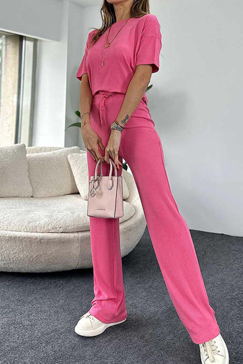 Ribbed Short Sleeve Drawstring Long Pants Set