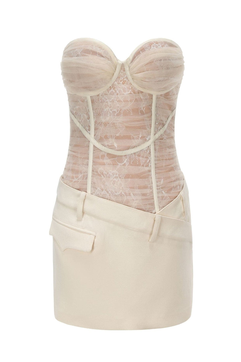 Rolyn Ruched Mesh Strapless Mini Dress - White