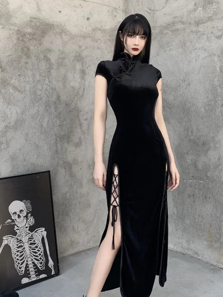 Romantic Gothic Velvet Aesthetic Black Evening Cheongsam Midi Dresses