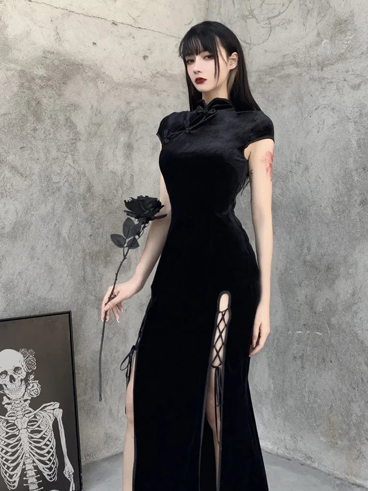 Romantic Gothic Aesthetic Black Evening Cheongsam Midi Dresses