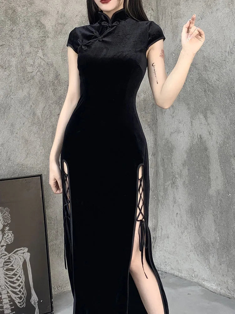 Romantic Gothic Velvet Aesthetic Black Evening Cheongsam Midi Dresses