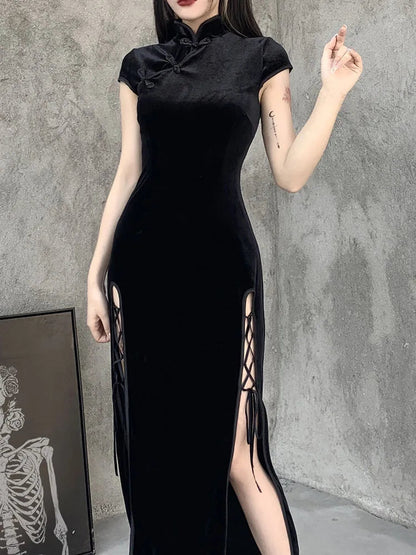 Romantic Gothic Velvet Aesthetic Black Evening Cheongsam Midi Dresses