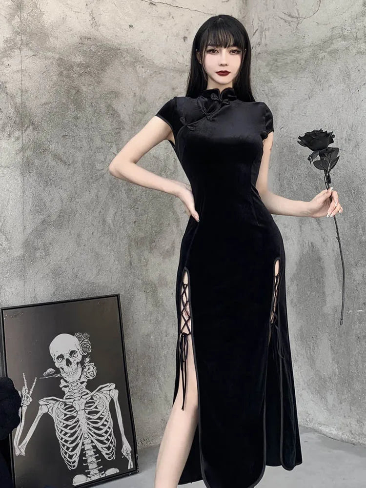Romantic Gothic Aesthetic Black Evening Cheongsam Midi Dresses