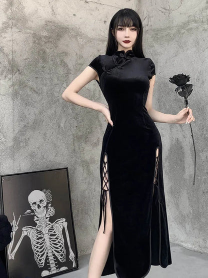 Romantic Gothic Aesthetic Black Evening Cheongsam Midi Dresses