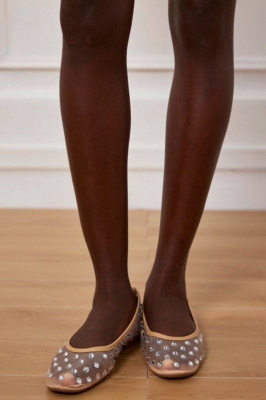 Rosa Rhinestone Embellished Mesh Flats in Apricot