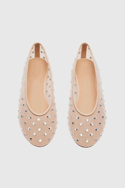 Rosa Rhinestone Embellished Mesh Flats in Apricot