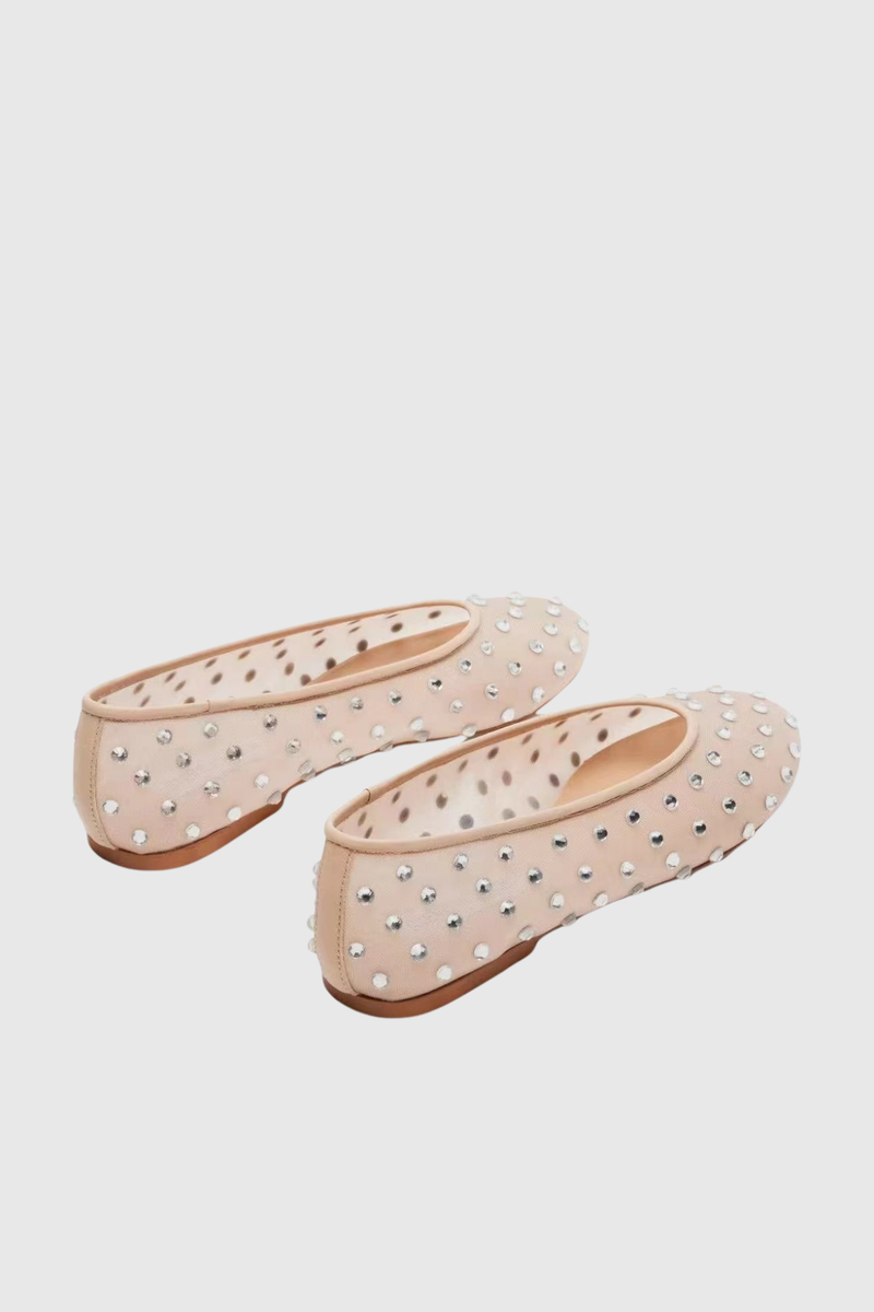 Rosa Rhinestone Embellished Mesh Flats in Apricot