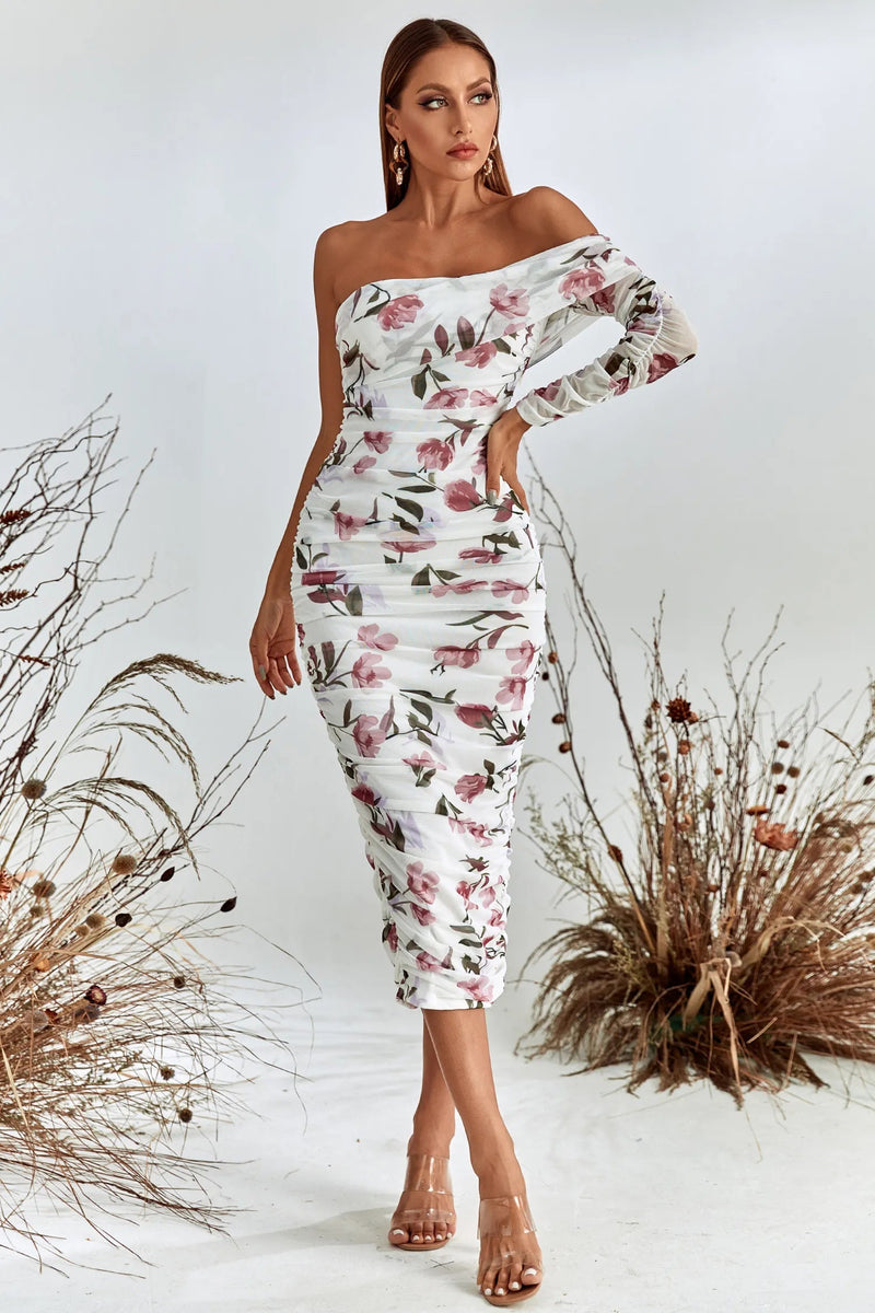Rosa Pink and White Printed Off-shoulder Midi Dress