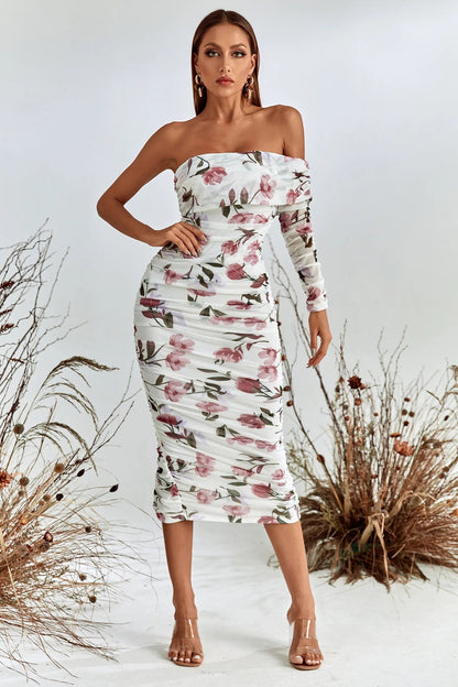 Rosa Pink and White Printed Off-shoulder Midi Dress