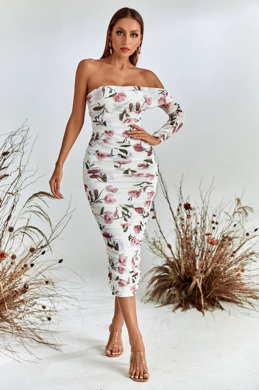 Rosa Pink and White Printed Off-shoulder Midi Dress